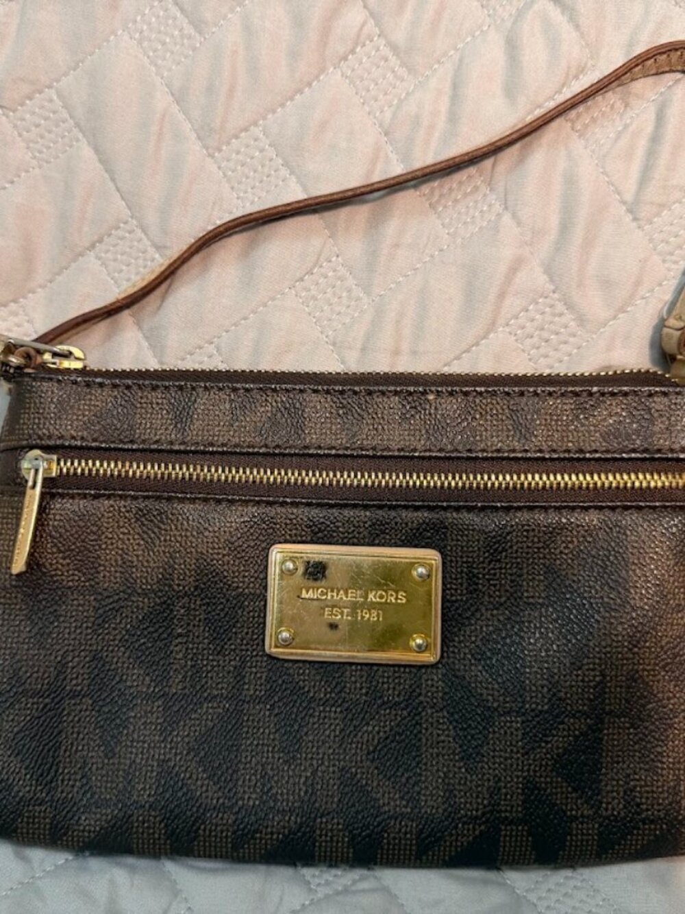 Michael Kors Brown Monogram Wristlet / Small Zip Pouch with Gold Hardware